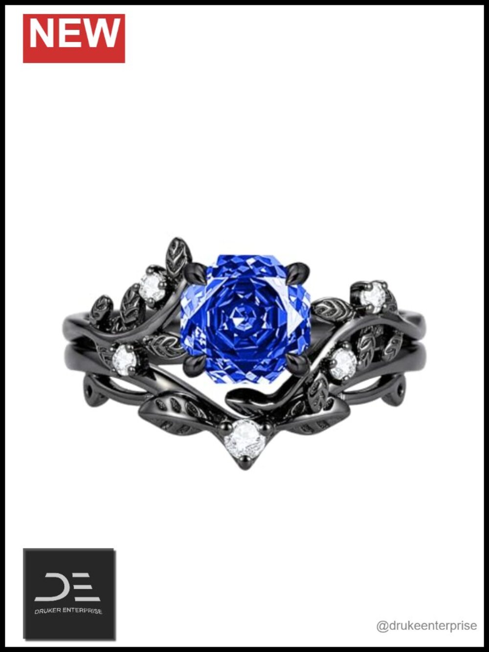 2Pc Rose Cut Black Ring Set 925 Sterling Silver Birthstone Ring Wedding Jewelry